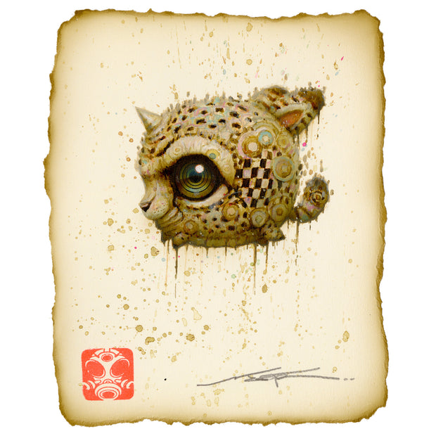 Painting of a floating animal head with a large eye and patterned fur.