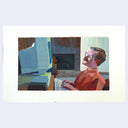 Painting based on a film still from Napoleon Dynamite of Kip sitting at his early 2000 computer, typing.