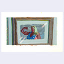 Painting based on a film still from Napoleon Dynamite of a framed picture of a buff woman wearing an American themed bikini top, flexing her arm.