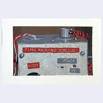 Painting based on a film still from Napoleon Dynamite of a makeshift time machine, a smaller silver metal box with random knobs and wires and labels.