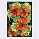 Artwork of a stylized botanical illustration of orange flowers and green leaves on a black background, bordered by a light cream margin.