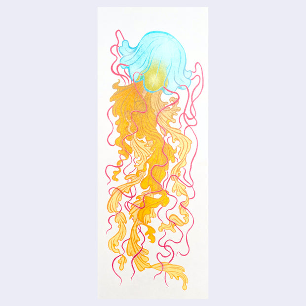 Risograph print of a blue jellyfish with long orange tentacles.