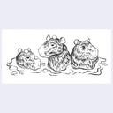 Black and white illustration of three capybaras in water on a light purple background