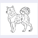 Black and white line drawing of a dog on a light gray background