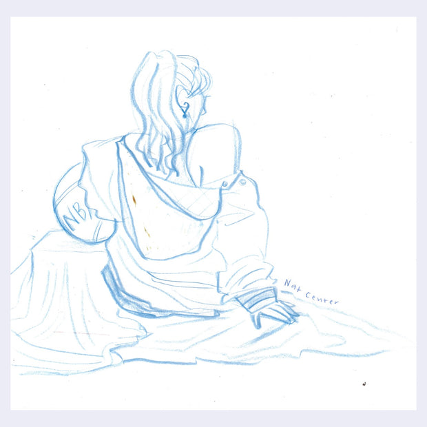 Blue color pencil illustration of a woman, posing and sitting facing away.
