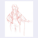 Red colored pencil illustration of a woman posing and wearing a fringed jacket.