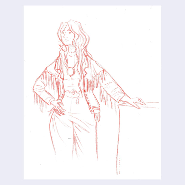 Red colored pencil illustration of a woman posing and wearing a fringed jacket.