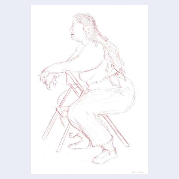 Colored pencil study of someone sitting on a foldable chair.