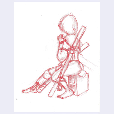 Red colored pencil study of a sitting model, nude aside from red rope.
