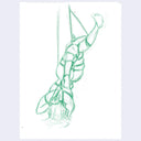 Green colored pencil study of a woman, with her bodied tied with ropes and she is hanging upside down.