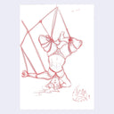 Colored pencil illustration of a nude model aside from underwear. She is tied with ropes and hanging upside down.