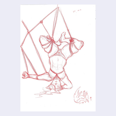 Colored pencil illustration of a nude model aside from underwear. She is tied with ropes and hanging upside down.