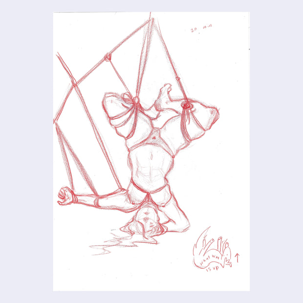 Colored pencil illustration of a nude model aside from underwear. She is tied with ropes and hanging upside down.