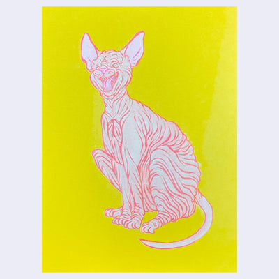 Neon yellow risograph print featuring a pink line art illustration of a sphinx cat, yawning and sitting.