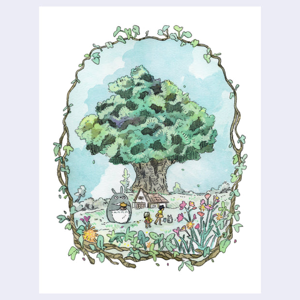Watercolor illustration of a large tree and a small house in front of it. In the yard are 2 small girls, a large Totoro and smaller chibi Totoros. Piece is framed in a drawn plant themed border.