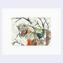 Illustration of a person dressed for winter with a fluffy coat and fur lined hat, walking through the snow with a horse.