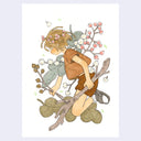 Illustration of a young girl, seen from a side view jumping in the air and holding onto a branch with flowers and leaves.