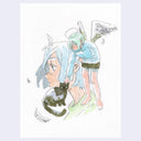 Illustration of a person with light blue hair and a cat on a white background