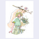 Illustration of a character in a green outfit holding flowers with cherry blossoms in the background