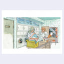 Illustration of a laundry mat with 2 people talking while folding laundry, one of them is a boy who is also a foxed with a bristly tail.