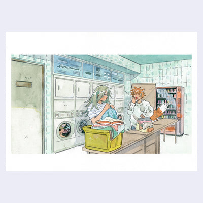 Illustration of a laundry mat with 2 people talking while folding laundry, one of them is a boy who is also a foxed with a bristly tail.