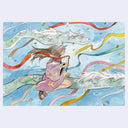Watercolor illustration of a girl riding atop of a long bodied serpent like dragon, flying through the sky with flowing ribbons.