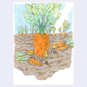 Watercolor illustration of small characters all wearing yellow t-shirts and green shorts, working in a dirt patch with giant carrots growing. The smaller carrots are double their size and the biggest central carrot is at least 10 times their size.