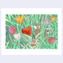 Watercolor illustration of colorful tulips amongst tall blades of grass. # small girls in matching brown overalls stand or sit among the tulips.