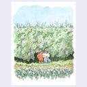 Watercolor painting of 2 kids (Chihiro and Haku from Spirited Away) kneeling amongst lots of greenery and sharing rice balls.