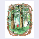 A watercolor-style illustration of a forest scene framed by a vine-like border, featuring tall trees, green foliage, and small white animal figures. A child in a red outfit (Little My) walks near the center, walking with Moomin and Snorkmaiden among the trees.