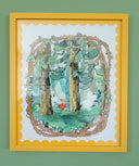A framed artwork featuring a whimsical forest illustration with tall trees, green foliage, and small characters, set in a bright yellow frame against a sage green wall.