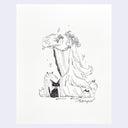 Ink illustration of a woman with very long hair and a large robe, wearing a flower crown and holding a hedgehog like creature in her hands, with smaller creatures and a cat around her feet.