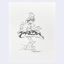Pen illustration of a girl with very long hair, sitting atop of a mushroom with little creatures around her.
