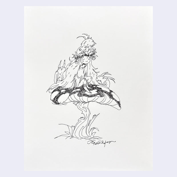 Pen illustration of a girl with very long hair, sitting atop of a mushroom with little creatures around her.
