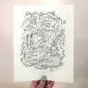 Hand-drawn illustration on a white sheet of paper held by a hand with green nail polish.