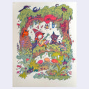 Colorful illustration of a witch playing a banjo on a mossy tree branch surrounded by nature elements and cats on a white background.