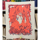 Bright orange colored ink risograph print of a girl with messy hair and tattered clothes, coming out of a overgrown forest swamp area. Mostly submerged in the ground is a Big Boss Robot.