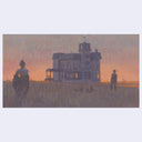 Silhouette of a house with two people in front during sunset or sunrise.