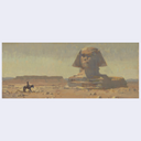 Painting of the Sphinx and pyramid in a desert landscape with a horse and rider in the foreground.