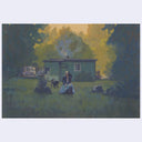 Painting of a person sitting in a grassy area with a house and car in the background