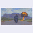 Person on a motorcycle with an explosion in the background, set against a mountainous landscape.