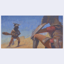 Two figures in armor standing on a desert landscape with a blue sky.