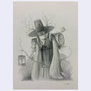 A monochrome drawing featuring a hooded figure in a long robe and wide hat, holding a lantern and surrounded by bare branches, stacked books, a clock, and a small bird, rendered in a sketch-like style on an off-white background.
