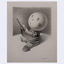 Graphite illustration of a round headed character sitting on the ground, wearing a striped polo and jeans. One of their hands has a giant wooden glove, holding a branch.