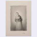 A monochrome drawing of a stylized figure wrapped in rope, rendered in grayscale on a warm beige paper background with a visible artist signature at the bottom.