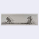A monochrome pencil-style artwork showing a broken log leaning on the left and a tree stump on the right, with sparse grasses and a pale sky background.