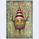 Artistic depiction of an egg-like character branching antlers and a striped hat. It has glowing yellow eyes on a decorative background.