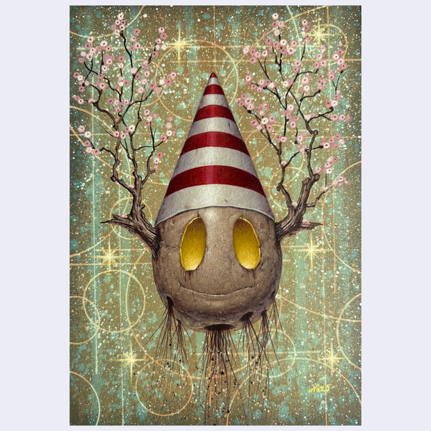 Artistic depiction of an egg-like character branching antlers and a striped hat. It has glowing yellow eyes on a decorative background.