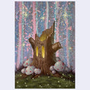 Fantasy illustration of a tree stump with glowing eyes and mushrooms in a mystical forest.