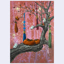 Highly rendered painting of a tree branch with several fabric tassels hanging and 2 over ripe persimmons. Small white birds look towards them.